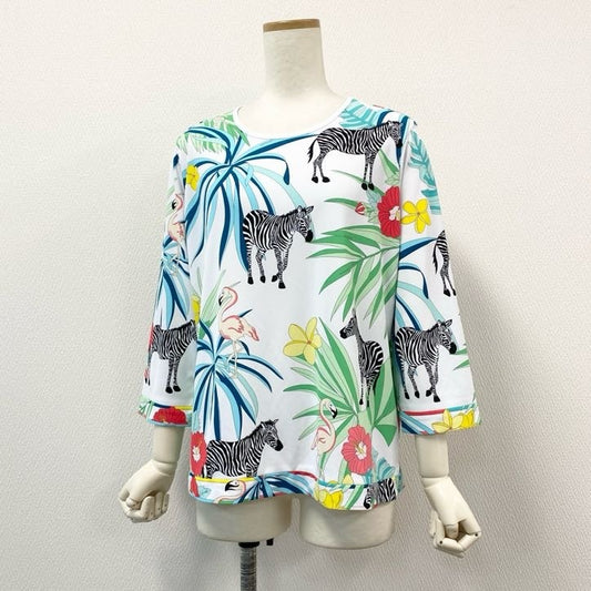 80g23 【美品】 LEONARD レオナール 長袖カットソー トップス ゼブラ アニマル柄 花柄 ストレッチ レディース 女性用 0538084 42 ホワイト マルチカラー