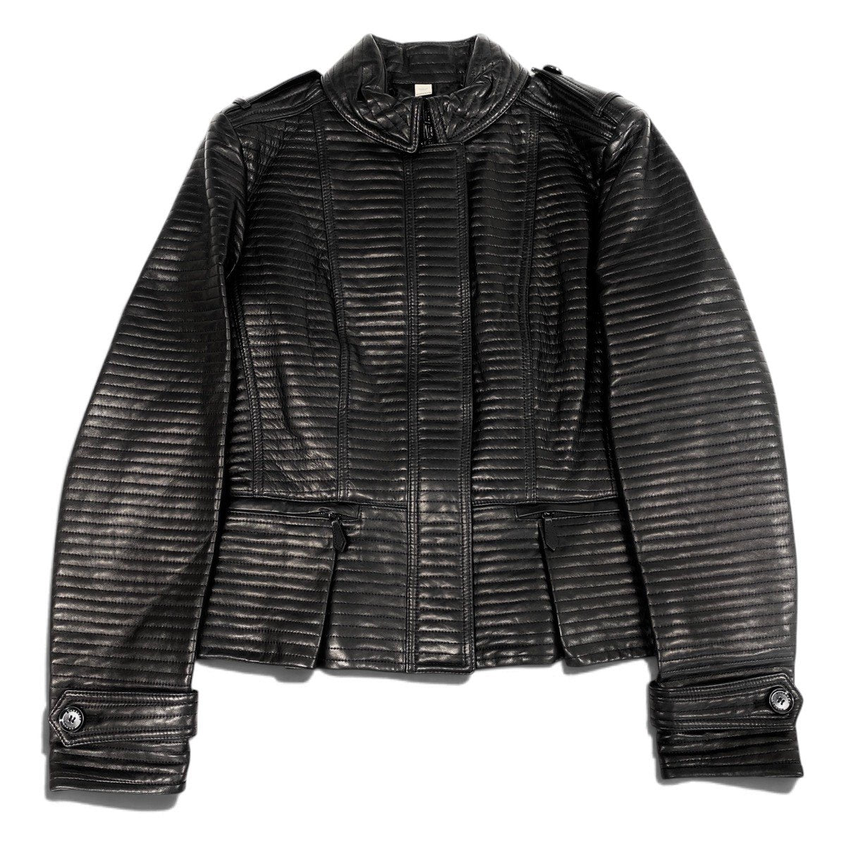 j9 【新品保管品】BURBERRY LONDON レザージャケット バイカーキルティング加工 イタリア製 Mサイズ ブラック レザー レディース 女性用k02i