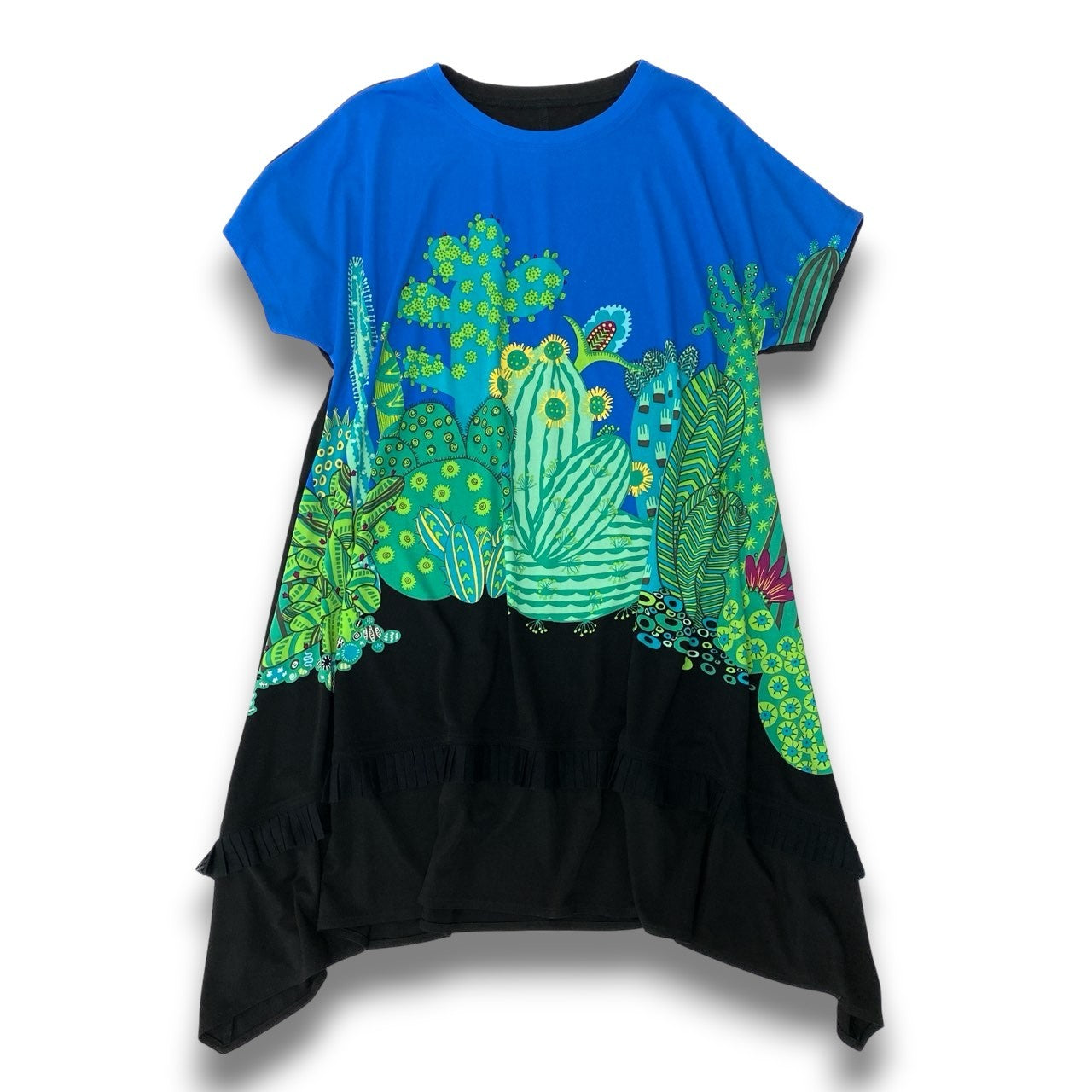 15c5 【美品】 TOKUKO 1er VOL トクコプルミエヴォル フレンチスリーブワンピース 半袖 サボテン柄 バイカラー Aライン レディース 女性服 サイズ9 ブラック ブルーu02t