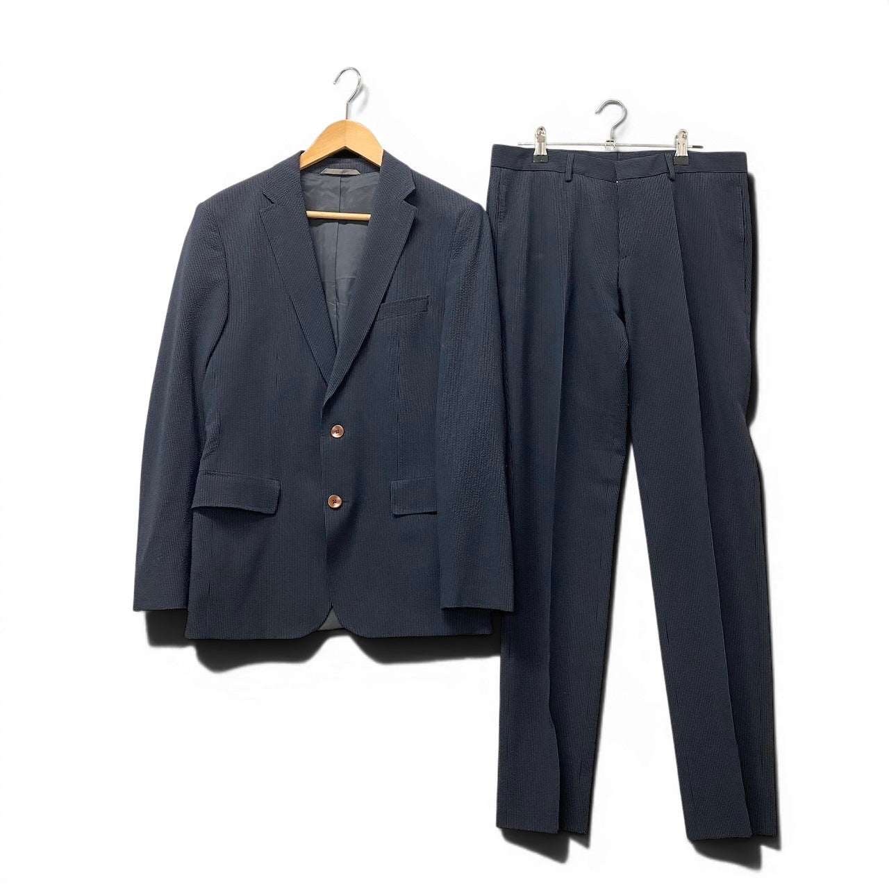 83e15 HUGO BOSS ヒューゴボス スーツセットアップ シアサッカー テーラードジャケット スラックス ストライプ 44サイズ ネイビー メンズ 男性用u02t