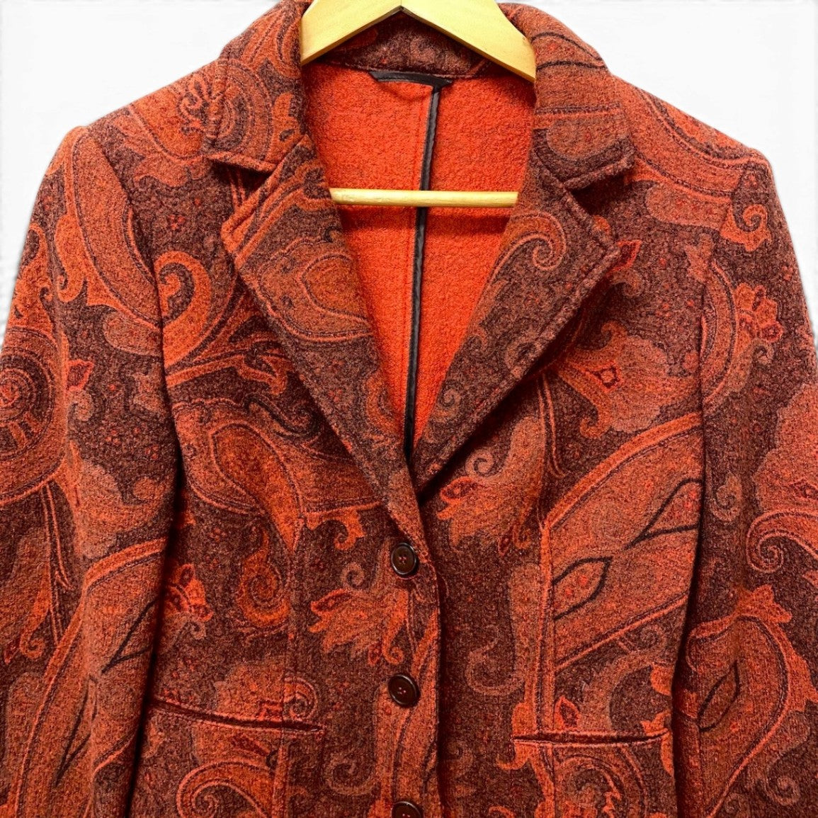9f17 ETRO エトロ テーラードジャケット ウールジャケット ペイズリー柄 総柄 サイズ44 オレンジ ブラウン レディース 女性用u02t