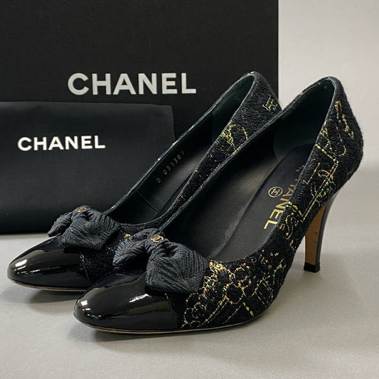 1h15《美品》 CHANEL シャネル TWEED PATENT RIBBON PUMPS ココマーク リボン ツイードラメパンプス G31387 36 1/2 ブラック 箱 保存袋付きt18r