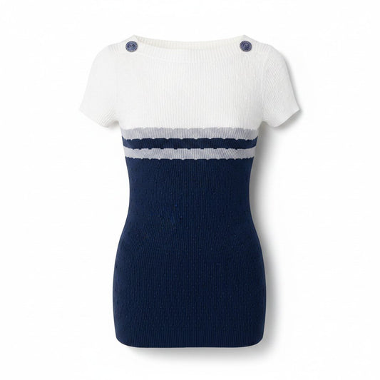 Cf15 CHANEL 半袖ニットセーター レイヤードデザイン ココマーク P53627 34サイズ アイボリー ブルー レディース 女性用u02t