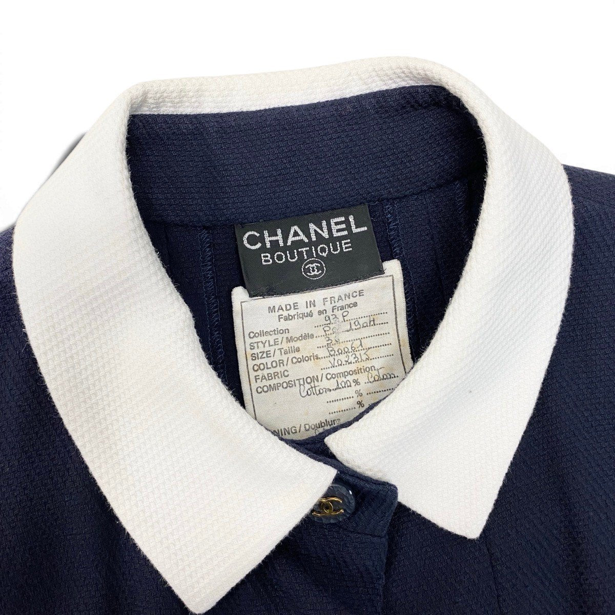 Cg9 CHANEL 1993 ランウェイ ココマークボタン ワンピース ドレス フランス製 36サイズ ネイビー ホワイト コットン100％ レディース 女性用ta1