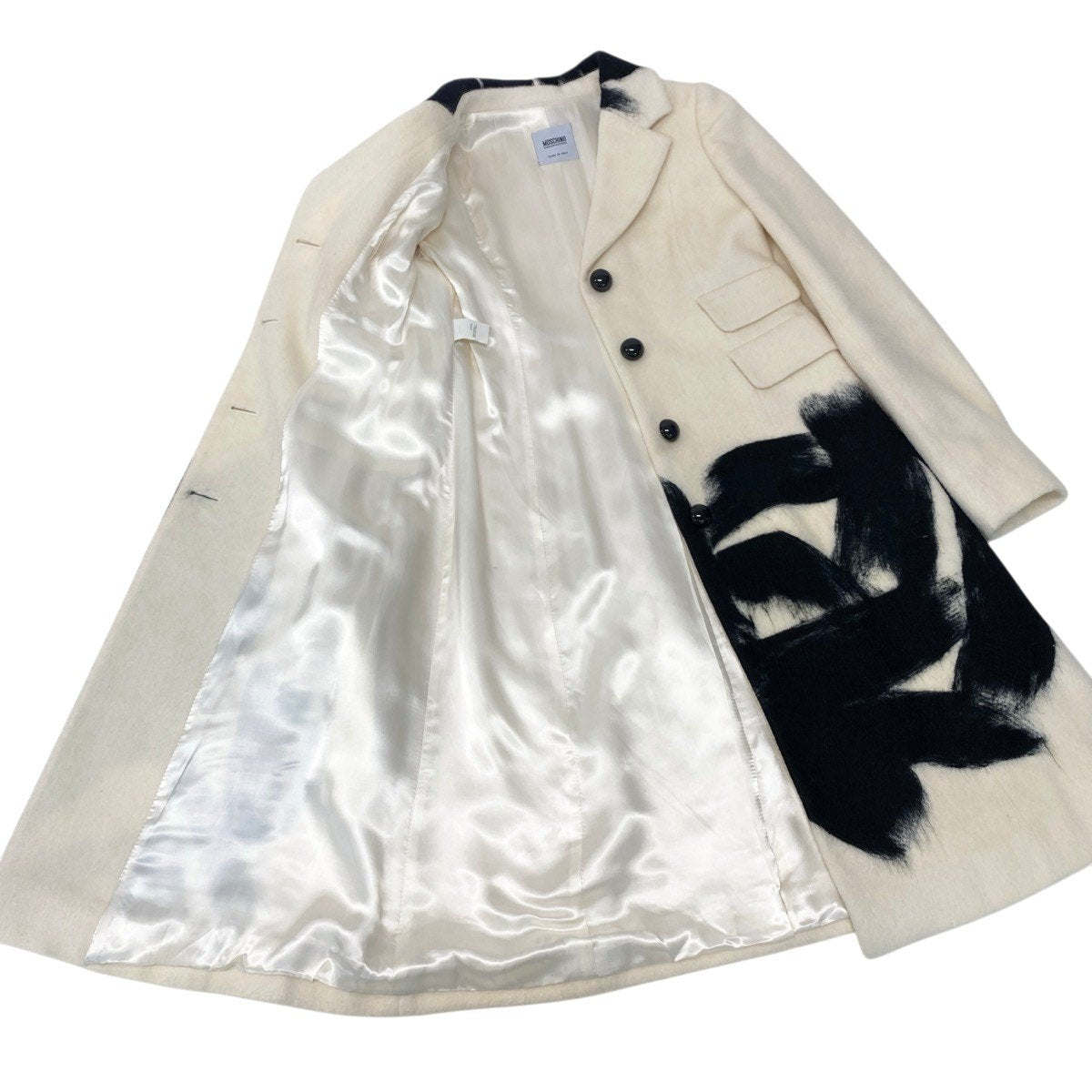 28f16【美品】MOSCHINO モスキーノ チェスターコート ウールコート ペイント風デザイン イタリア製 38サイズ オフホワイト ブラック ウール100％ レディース 女性用u02t