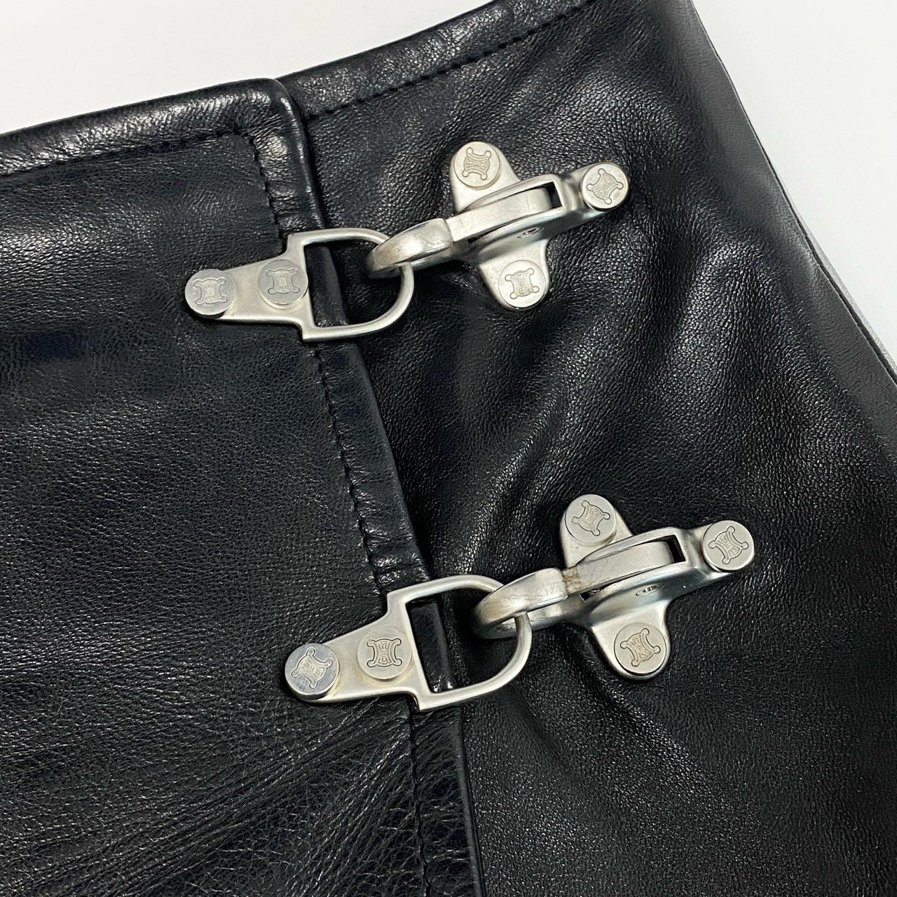 Eb11 CELINE セリーヌ ヴィンテージ マカダム金具 レザー巻きスカート 40サイズ ブラック 羊革100％ レディース 女性用k02i