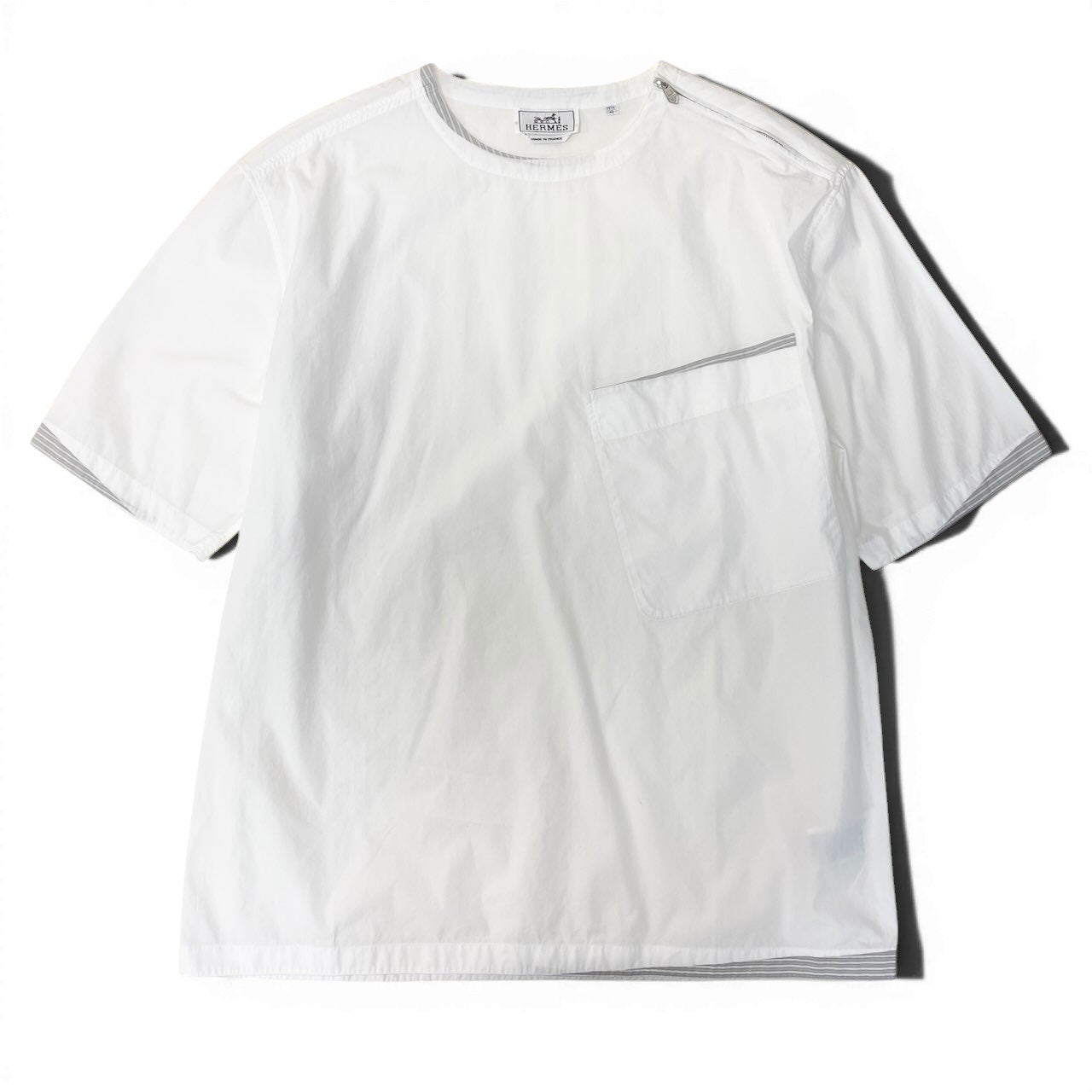 91g24 HERMES エルメス 半袖シャツブラウス コットンカットソー フランス製 15 3/4 40 サイズ ホワイト コットン100％ メンズ 男性用u02t