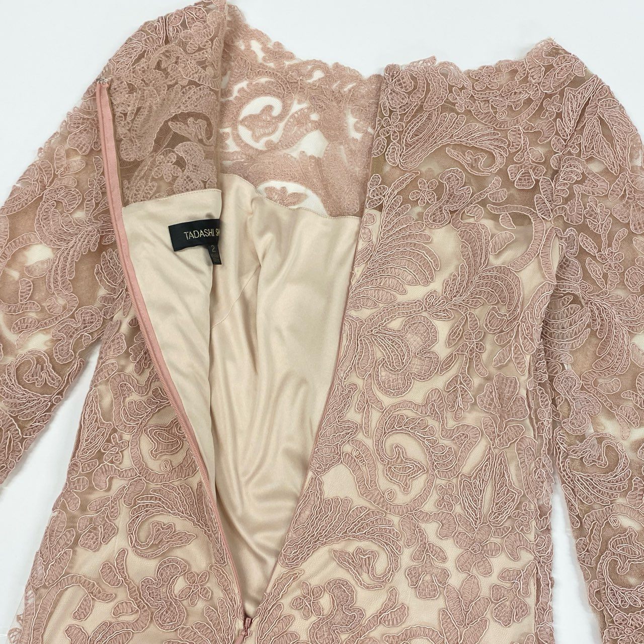 12i26 《美品》 TADASHI SHOJI タダシショージ 定番 コードレース 七分袖ワンピース ドレスワンピース ひざ丈 ALX1812MXJ サイズ2 ピンク レディース 定価118,000円u02t