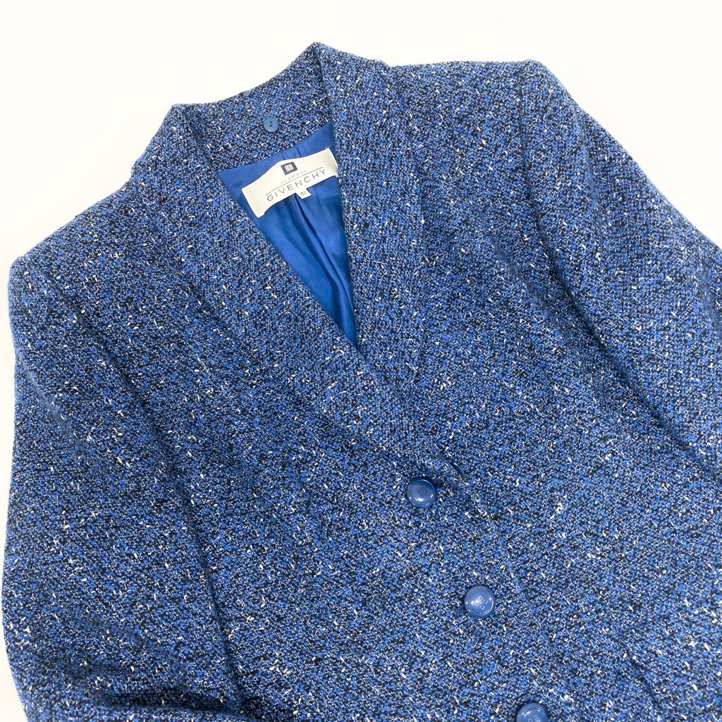 7a9 GIVENCHY ジバンシィー Vintage セットアップ スカートスーツ ツイード ジャケット タイトスカート ロゴボタン 42サイズ ブルー系 レディースo07t