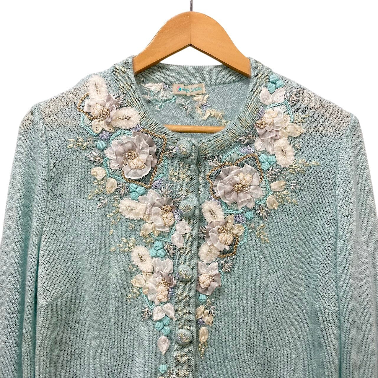 58g5 ATELIER SAGAN アトリエサガン ロングスリーブカーディガン ニットセーター 刺繍デザイン Mサイズ ミントブルー レディース 女性用u02t