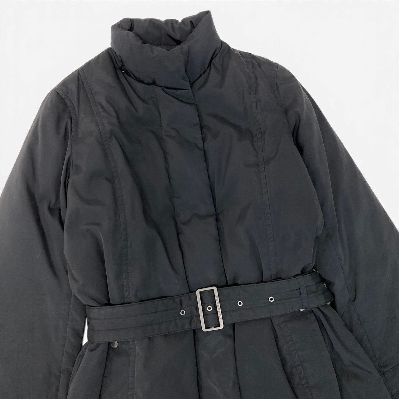 90g27 BURBERRY LONDON バーバリー ウエストリボン ロング ダウンコート 裏地ノバチェック サイズ38 ブラック レディース女性用o07t