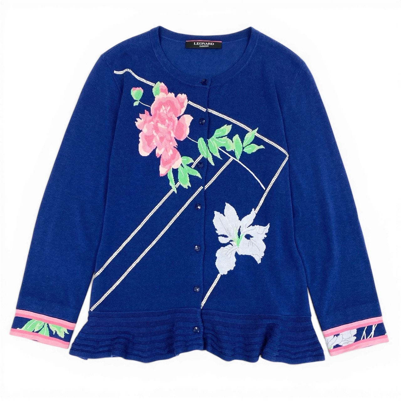 60d13 《美品》 LEONARD FASHION レオナール ロングスリーブ ニットカーディガン 花柄刺繍 ラインストーン装飾 裾フリル サイズ40 ブルー レディース 女性用u02t