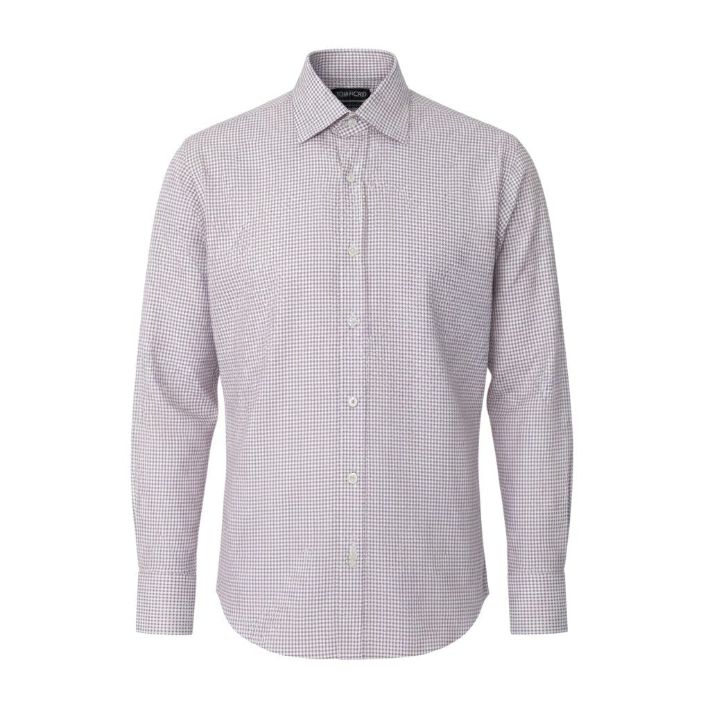 92h3 TOM FORD トムフォード 長袖シャツ コットンシャツ メンズシャツ 千鳥格子柄 ドレスシャツ イタリア製 185/104A ピンク ホワイト コットン100％ メンズ 男性用o07t