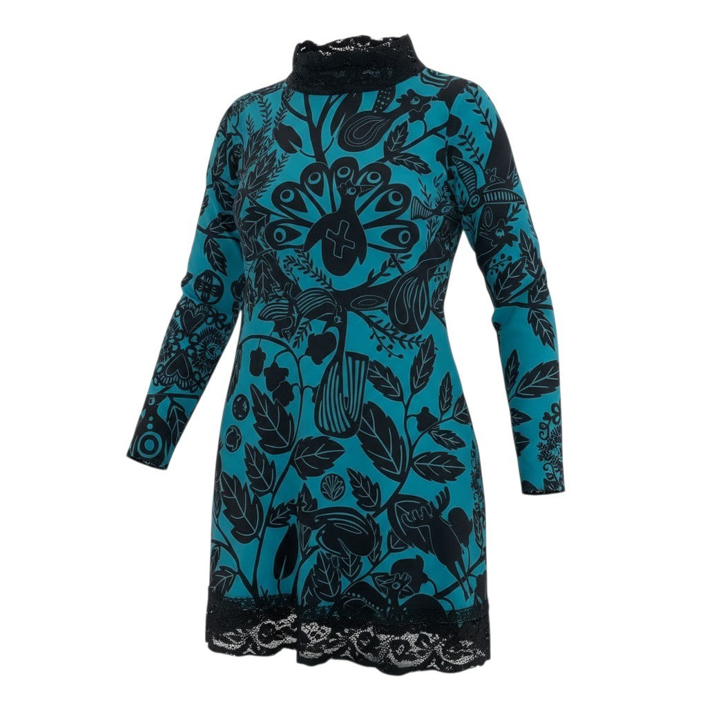 8c11 TOKUKO 1er VOL トクコプルミエヴォル チュニックワンピース ロングスリーブ 総柄プリント 鳥 アニマル レース切替 レディース 女性服 サイズ9 グリーン ブラックu02t