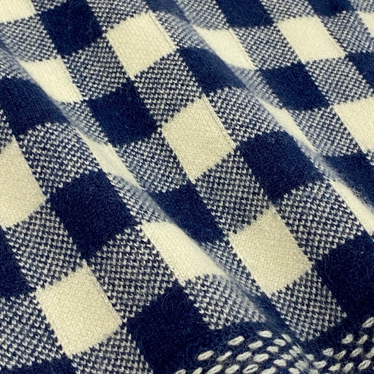h31 CHANEL カシミヤニットセーター ショートスリーブ ココマーク刺繍 ボートネック チェック柄 38サイズ ブルー アイボリー カシミヤ100％ レディース 女性用k02i