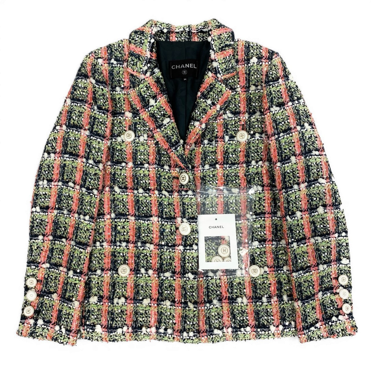 Cd7 CHANEL シャネル 2020クルーズライン P62793 スパンコール混 ツイードジャケット 4Pジャケット サイズ34 レディース ココマークボタンk02i
