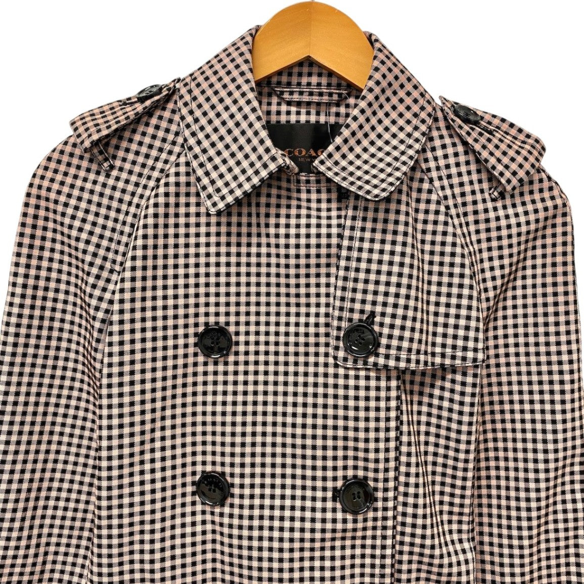 17f18【美品】 COACH コーチ トレンチコート ハーフコート ギンガムチェック 裏地シグネチャー サイズXS ブラック ピンク レディース 女性用u02t