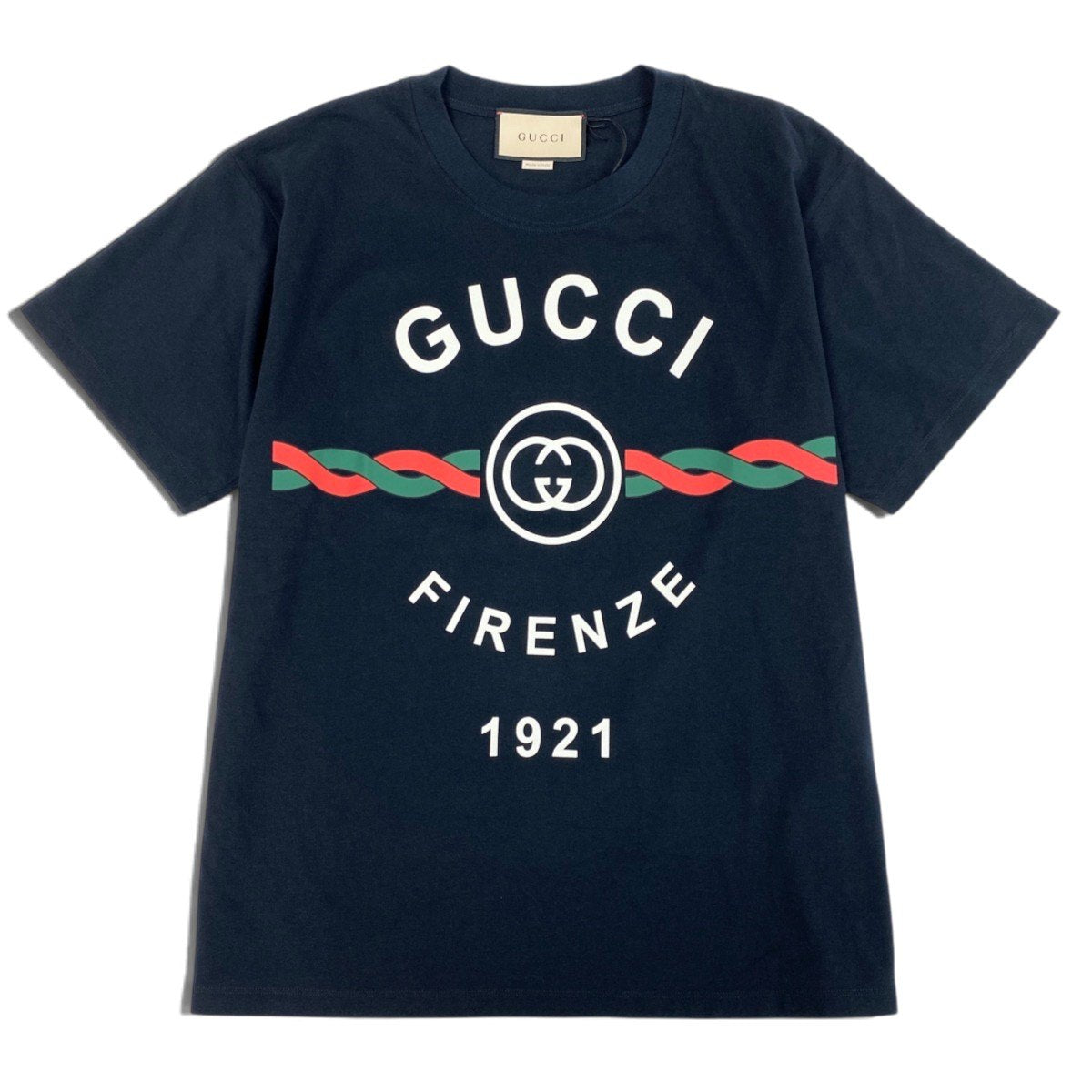 i19【未使用保管品】 タグ付 GUCCI グッチ FIRENZE 1921 ロゴプリント Tシャツ 半袖カットソー 616036 XJD7T XSサイズ ネイビー コットン メンズo07t