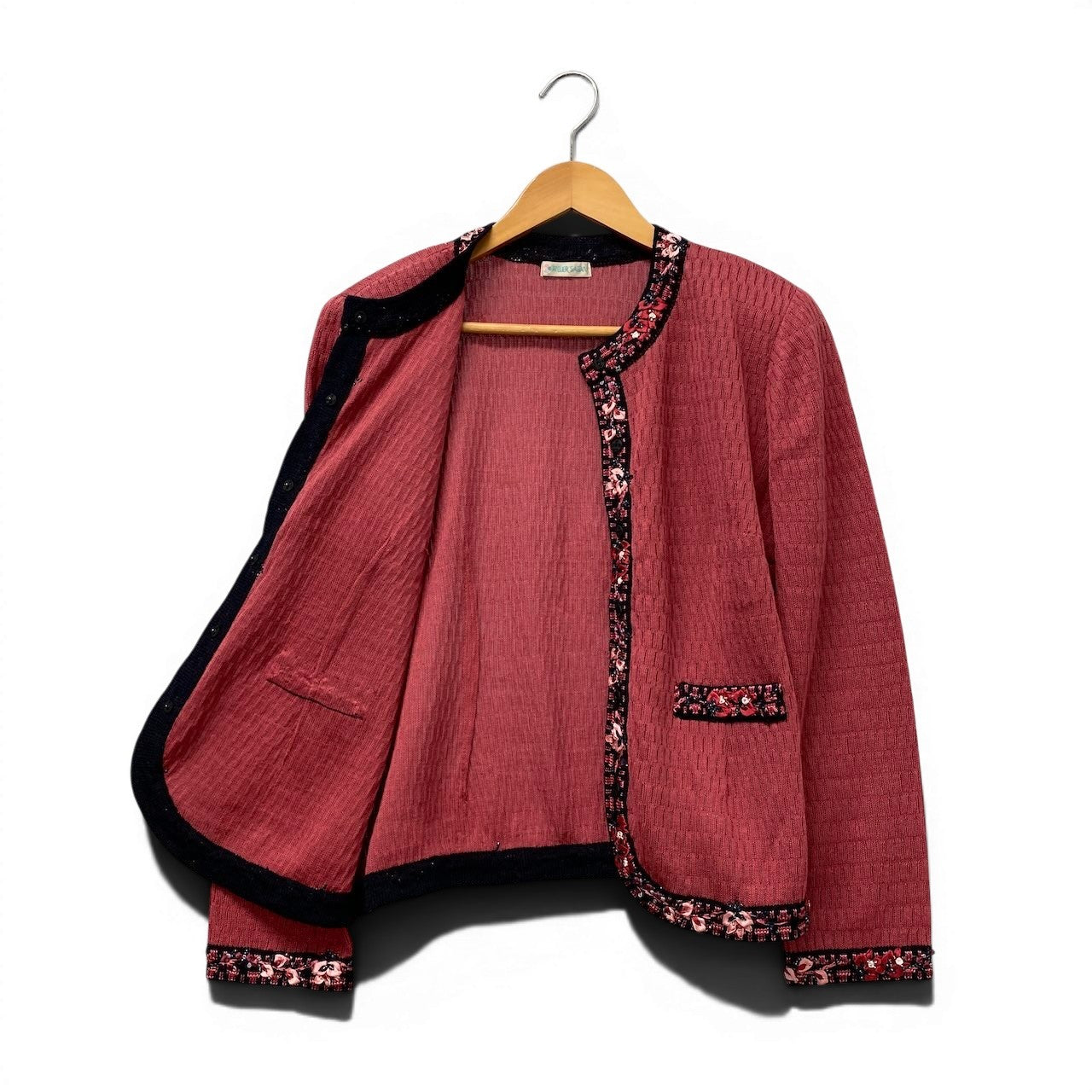 33g2 ATELIER SAGAN アトリエサガン ニットカーディガン リネンカーディガン 花刺繍デザイン  Mサイズ ピンク系 レディース 女性用u02t
