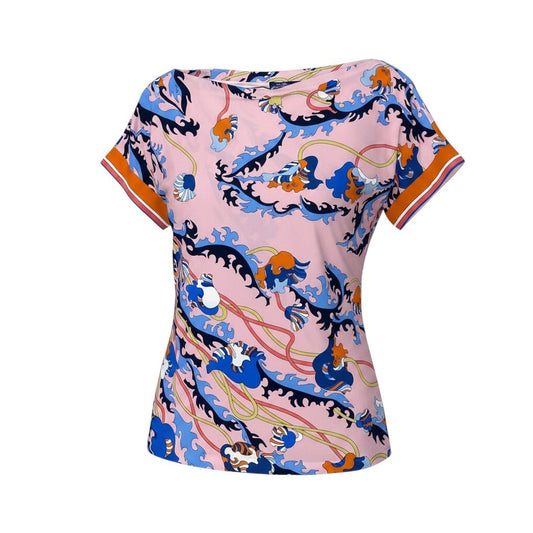 89g24 EMILIO PUCCI ARCHIVIO エミリオップチ アルチビオ ボートネック フレンチスリーブカットソー 総柄 I42 ピンク レディースu02t