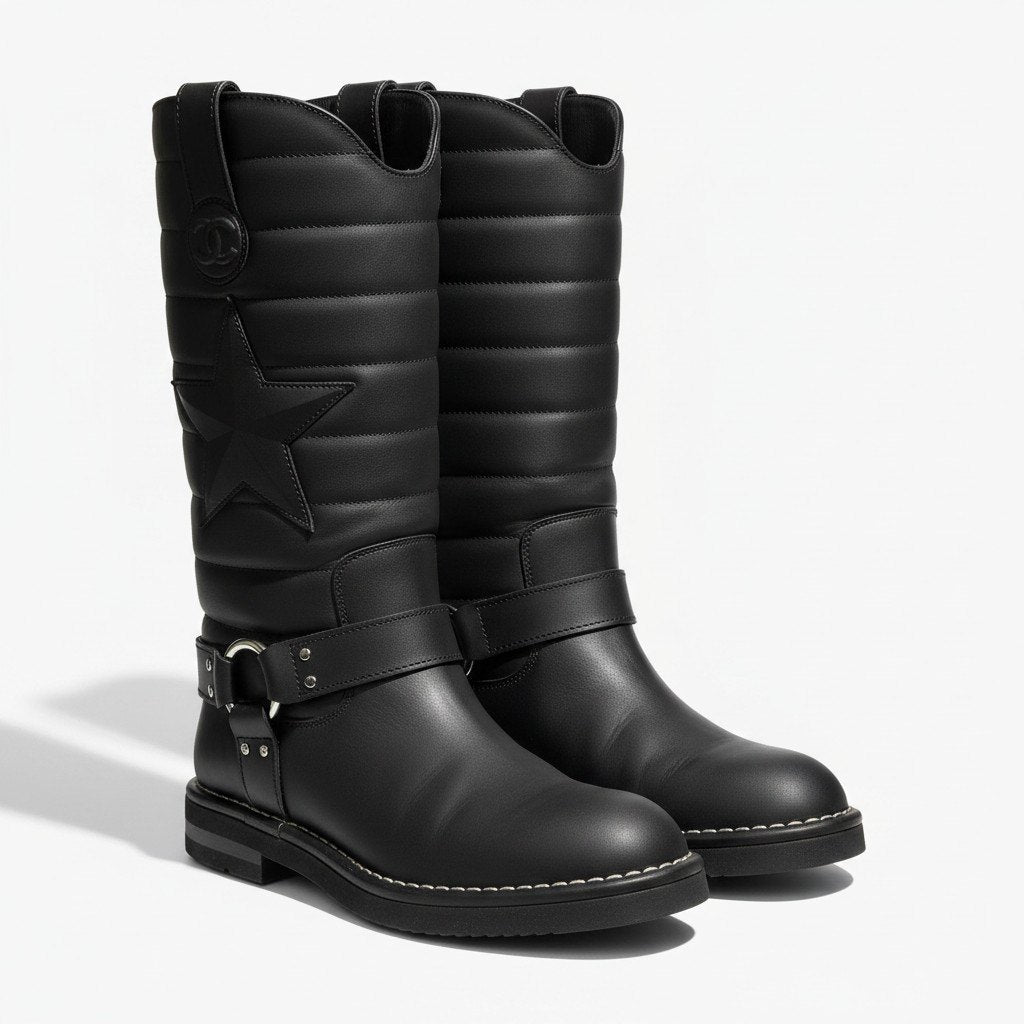 g7【美品】CHANEL エンジニアブーツ スターモチーフ キルティングレザー G30209 38サイズ ブラック レザー レディース 女性用u02t