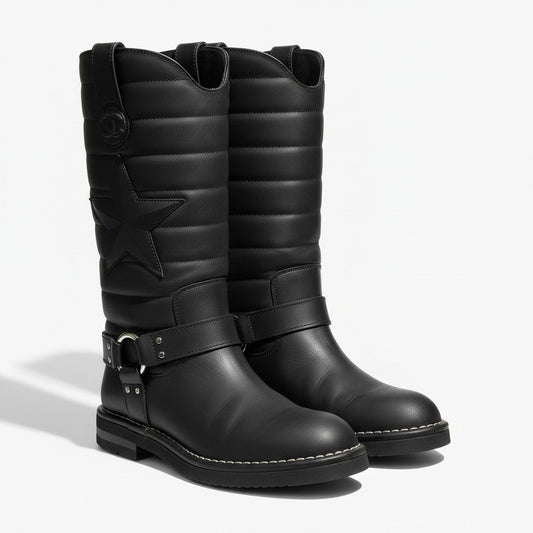 g7【美品】CHANEL エンジニアブーツ スターモチーフ キルティングレザー G30209 38サイズ ブラック レザー レディース 女性用u02t