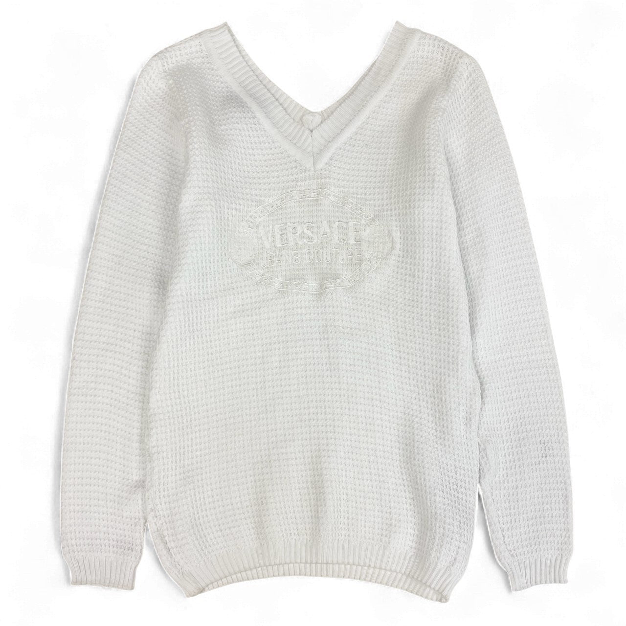 76k21 VERSACE ヴェルサーチ vintage front logo knitwear ロゴ刺繍 ニット サイズS ホワイト レディース トップスk02i