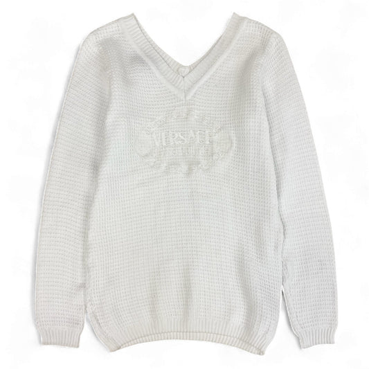 76k21 VERSACE ヴェルサーチ vintage front logo knitwear ロゴ刺繍 ニット サイズS ホワイト レディース トップスk02i
