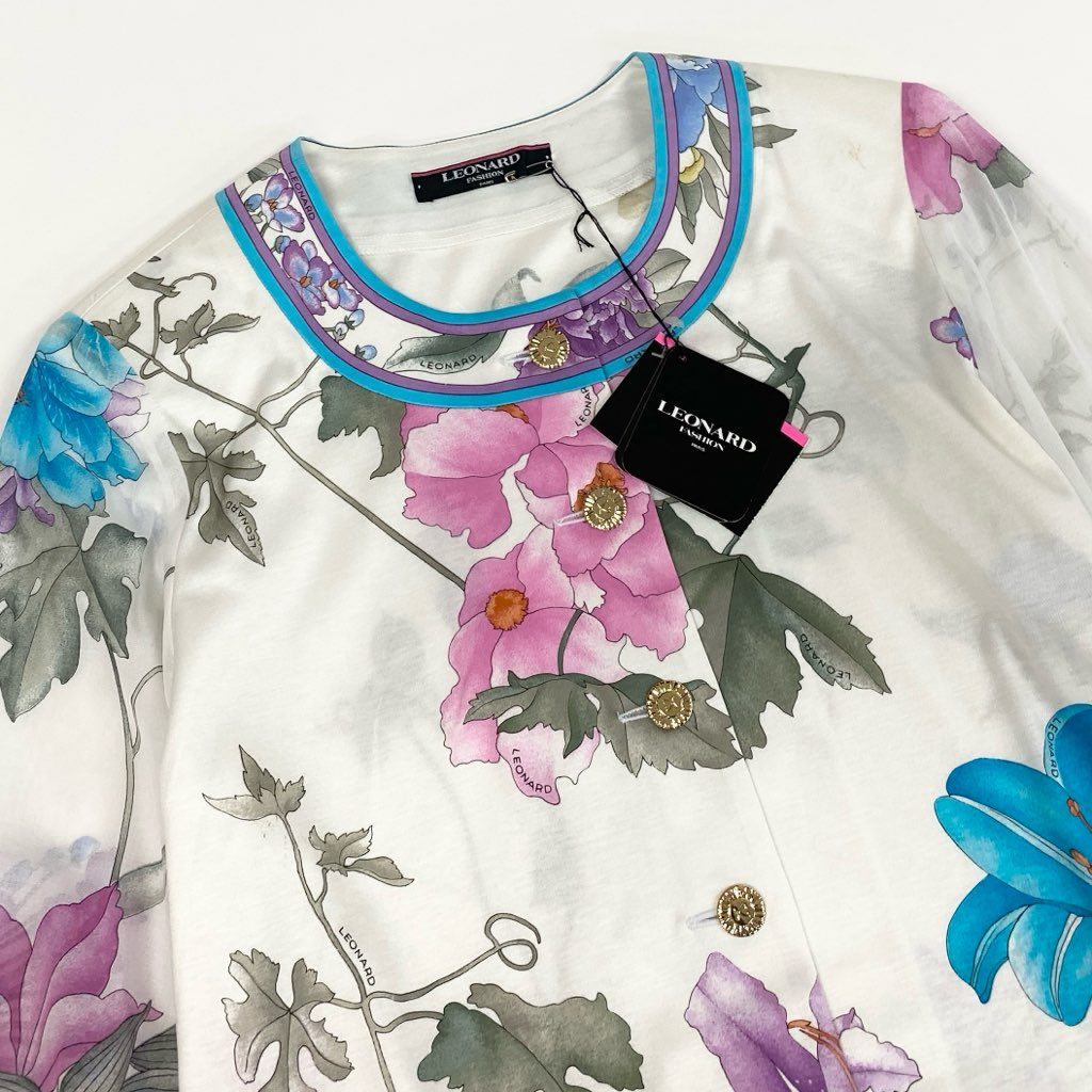13l27【未使用品】LEONARD レオナール ノーカラージャケット 美しい花柄プリント 袖シアー素材 チュニック丈 Mサイズ ホワイト レディースk02i