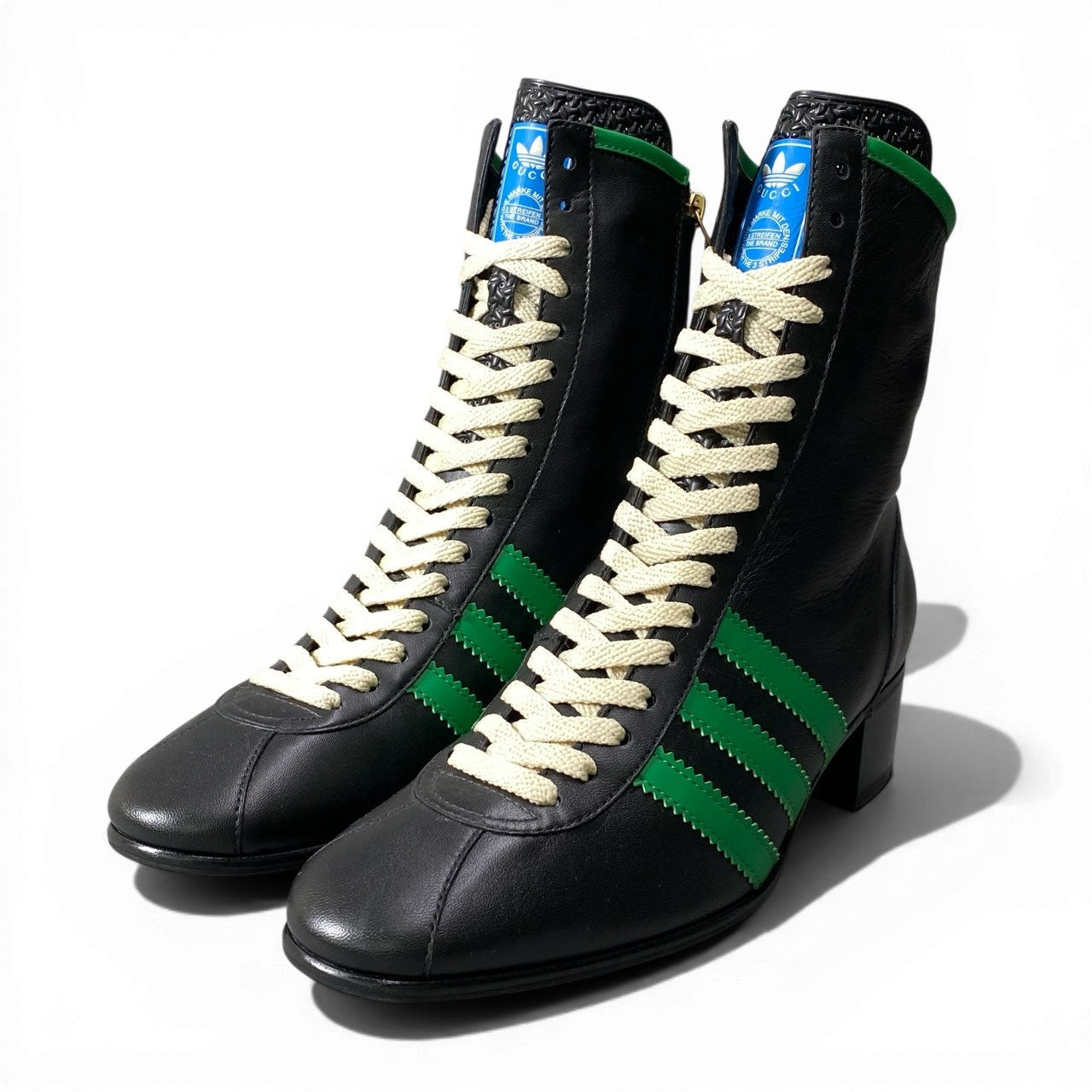 d9 GUCCI × Adidas グッチ アディダス ボーリングシューズ レザーブーツ サイドジップ トレフォイルロゴ サイズ6 1/2 ブラック レディースk02i