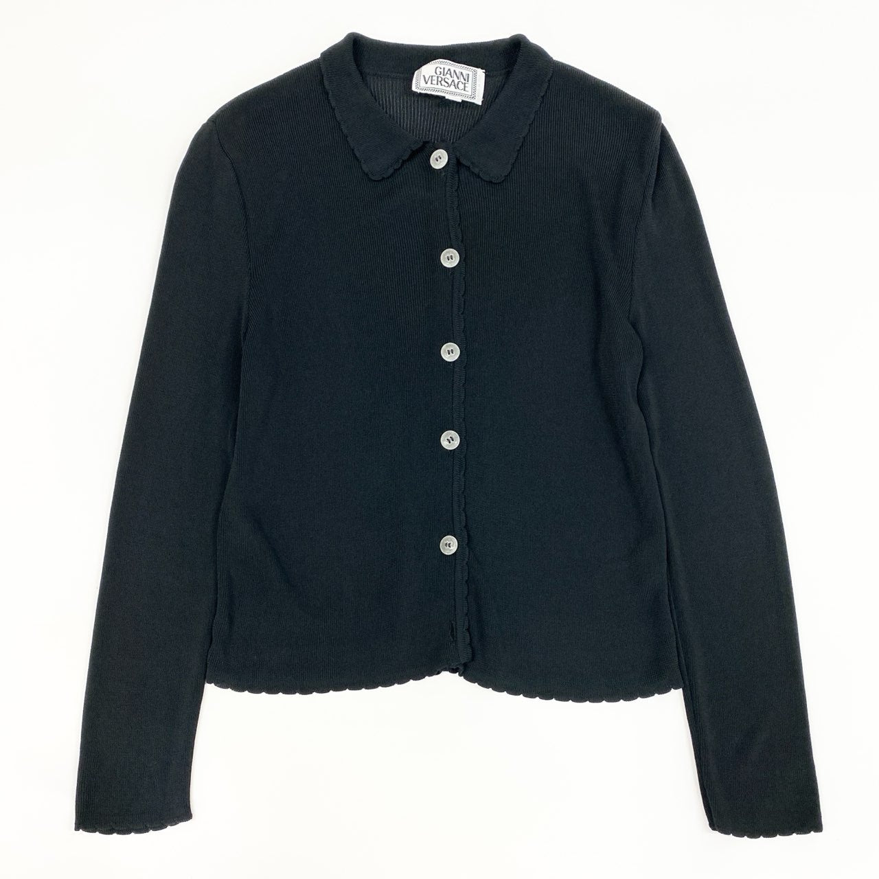 d7 GIANNI VERSACE ヴェルサーチ ロングスリーブ ニットカーディガン リブニット サイズ40 ブラック レディース 女性用o07t