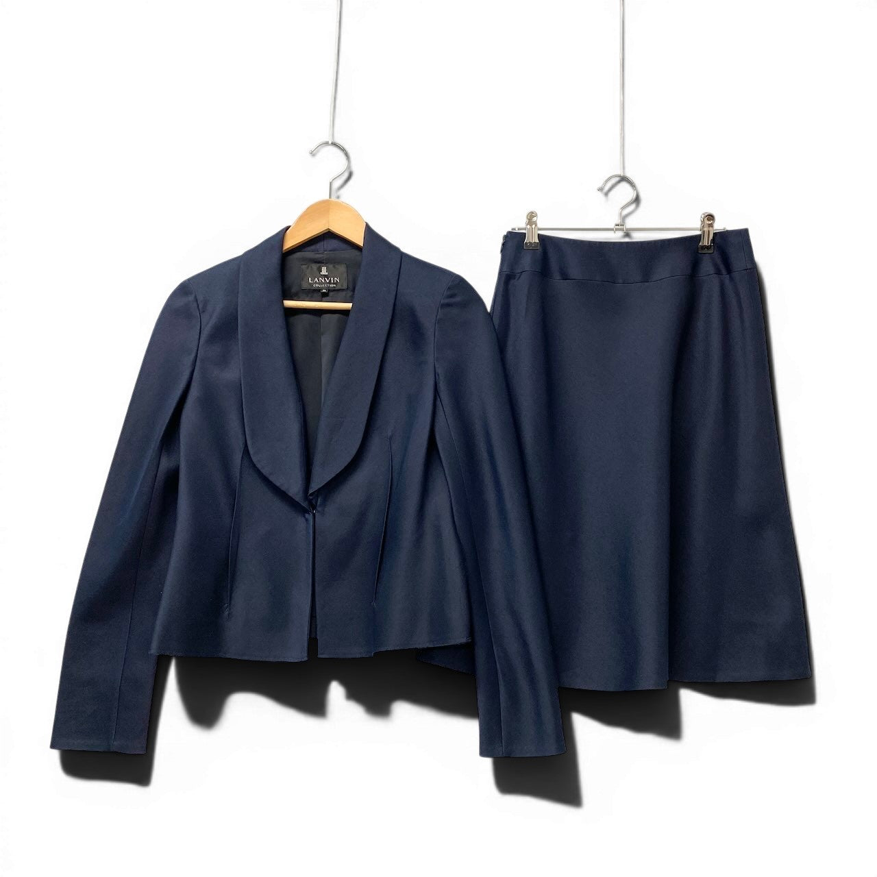 62g7 LANVIN COLLECTION ランバンコレクション セットアップ スカートスーツ フォーマル シルクウール混 サイズ38 ネイビー レディース 女性用o07t
