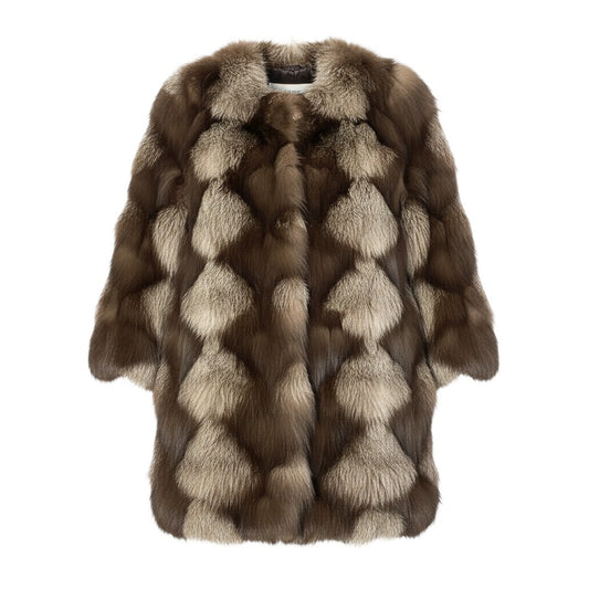 Ej26 【極美品】 Fleur KOBE FUR 毛皮コート ノーカラー シルバーフォックス 裏地総柄 サイズF FOX FUR 本毛皮 レディースu02t