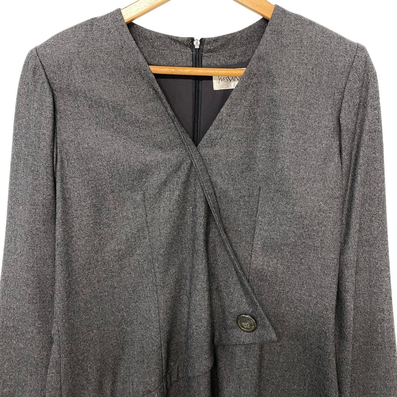 1h16 YVES SAINT LAURENT イヴサンローラン フロントクロス ウールワンピース 膝丈 ロングスリーブ サイズ36 グレー レディースu02t