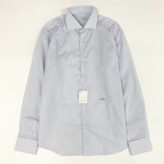 18f19 《未使用保管品》タグ付 malo optimum マロ ロゴ刺繍 ワイドカラー ドレスシャツ 長袖シャツ ストライプ ビジネス◎ 41 16 Lサイズ相当 ホワイト ブルー コットン