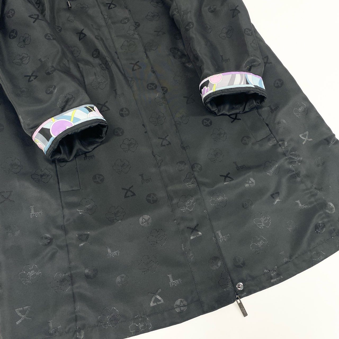 50b12 【極美品】LEONARD SPORT レオナール スポーツ フーディージップアップジャケット ロングジャケット フード取り外し可 0536441 40サイズ ブラック ポリエステル100％ レディース 女性用u02t