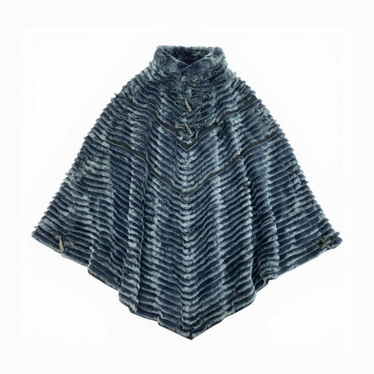 10a13 ポンチョ ヴィーゼル 本毛皮 トグルボタン レディース 女性用 Free ブルーグリーン系u02t