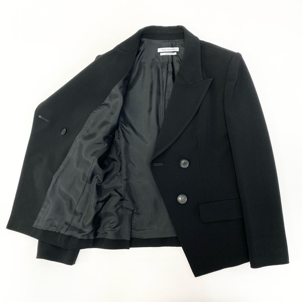 68c9 【美品】 FOXEY NEW YORK COLLECTION フォクシーニューヨーク テーラードジャケット ダブルブレスト フォーマル 伸縮ストレッチ レディース女性服 37561 サイズ38 ブラックu02t