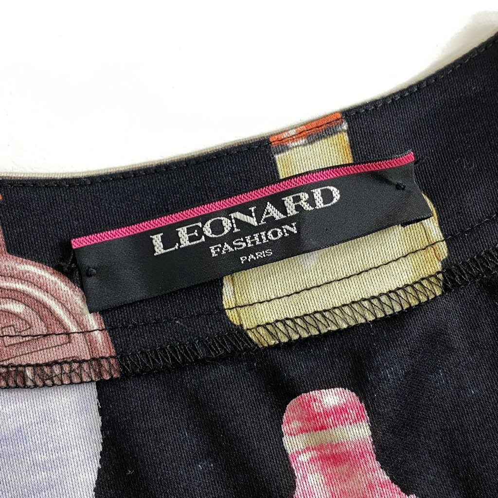 9e8 《美品》 LEONARD レオナール 半袖Tシャツ カットソー トップス 前開き 手洗い◎ M ブラック マルチカラー コットン100％ レディース