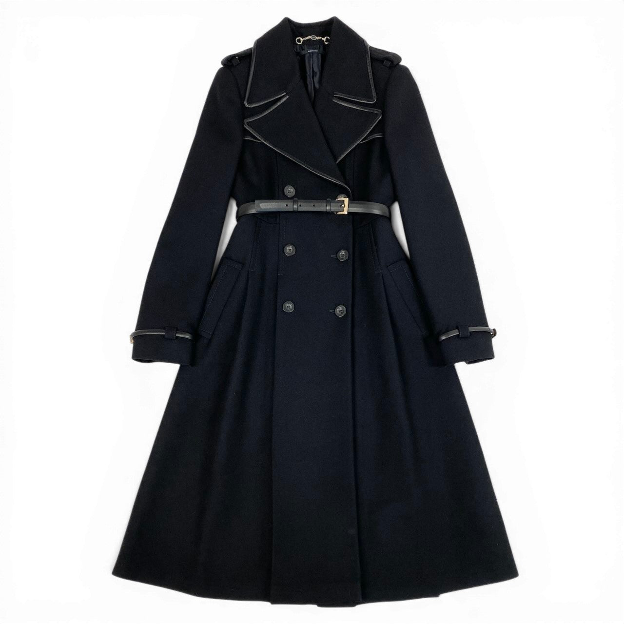 Ec31 《美品》 GUCCI グッチ レザーパイピング トレンチコート Leather Piping Trench Coat サイズ36 ブラック ベルト付t18r