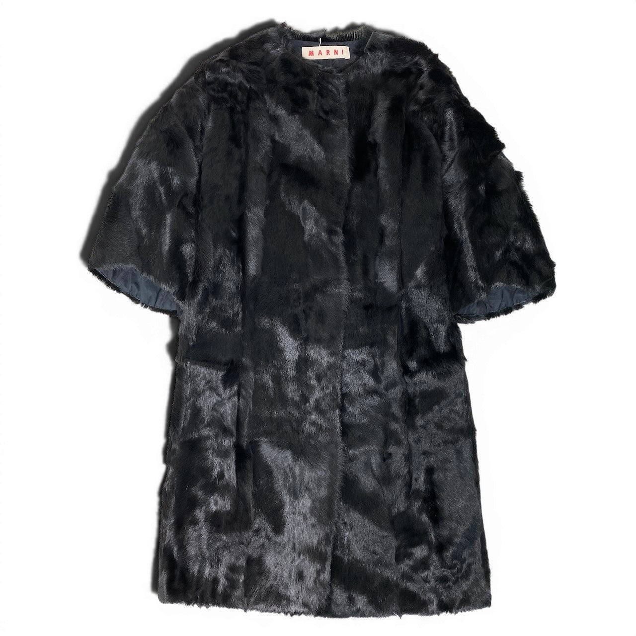 Ef8 MARNI マルニ ノーカラー ファーコート 七分袖 ロング丈 キッドファー サイズ38 イタリア製 ブラック レディース 女性用u02t