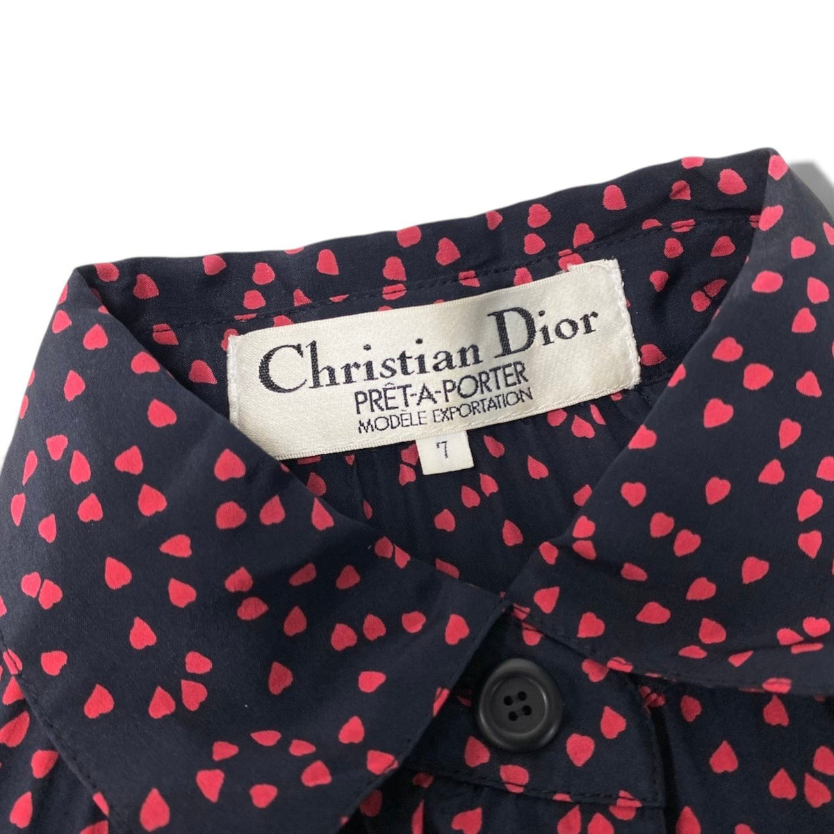 88i15 Christian Dior クリスチャンディオール ロングスリーブ シルクシャツワンピース 総柄 ハートプリント サイズ7 ネイビー レッド レディースo07t