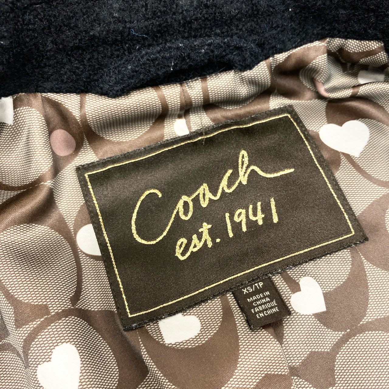 10k11 COACH コーチ ダブルブレスト ジャケット ショート丈 Pコート ウールブレンド 裏地ブランドロゴ ハート柄 レディース 女性用  XS ブラックu02t