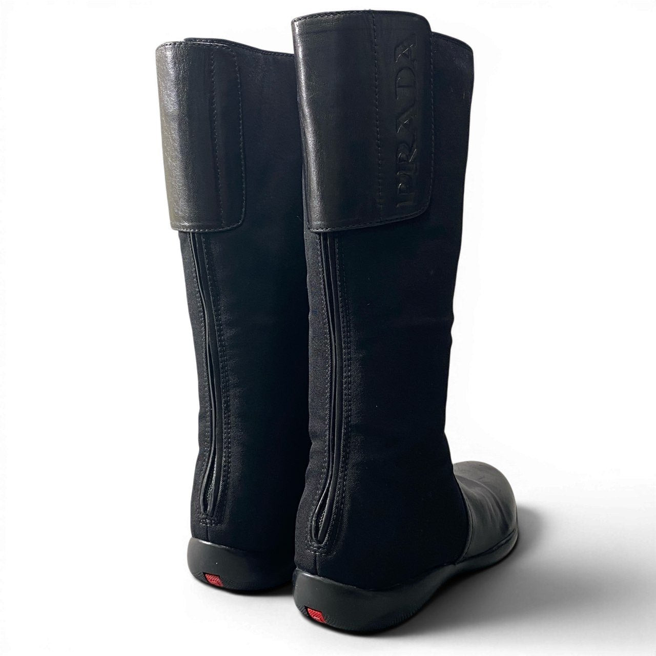 1d23 PRADA SPORT プラダスポーツ ロングブーツ バックジップ ブランドロゴ 35 1/2 ブラック ナイロン レザー レディース 女性靴k02i