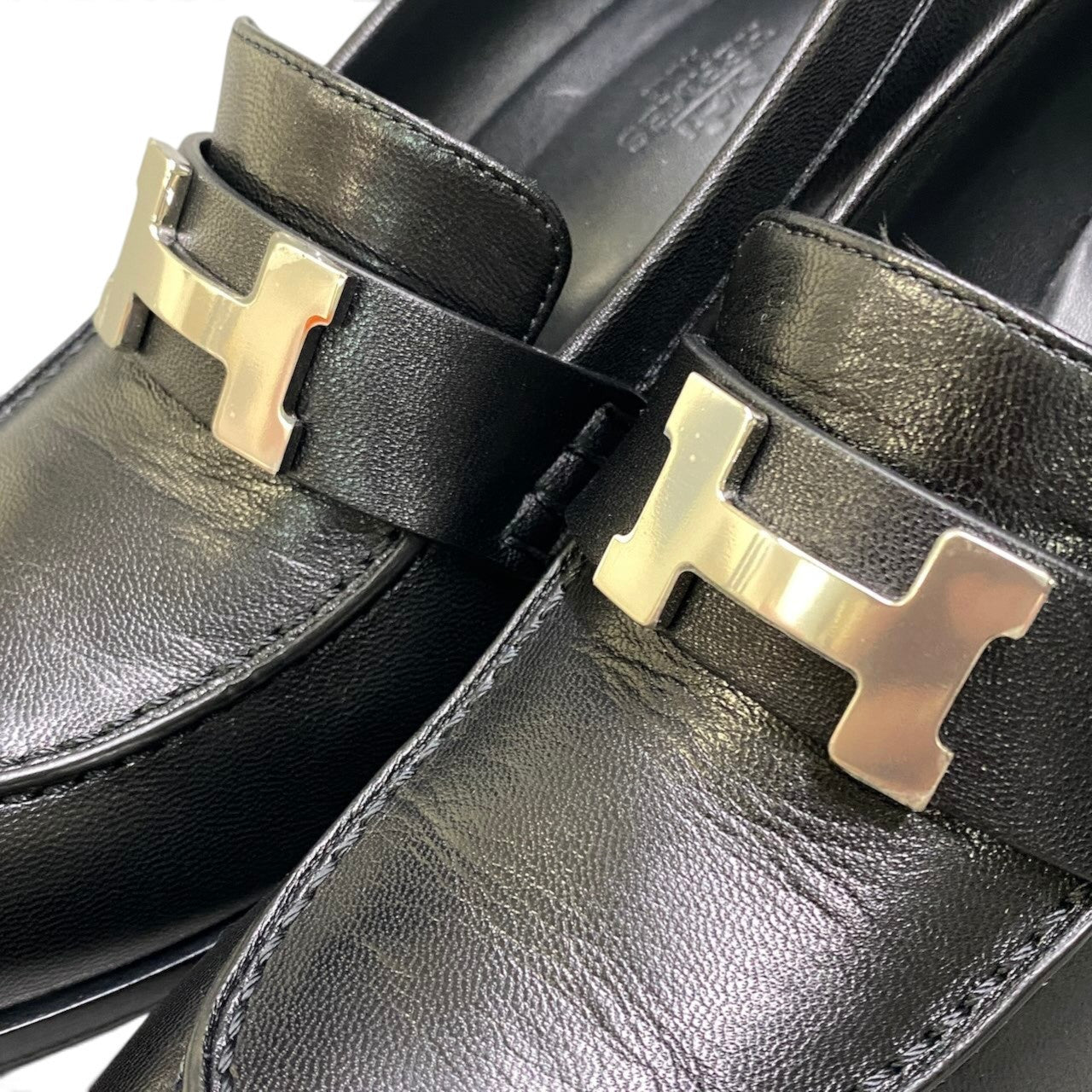 i8 【極美品】 Hermès エルメス モカシン ドーフィン ヒールローファー H金具 サイズ38 ブラック レザー レディースk02i