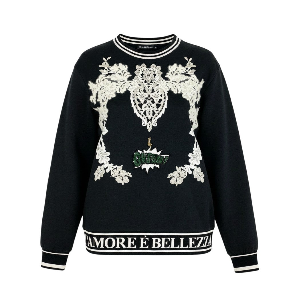 Hh11 【美品】DOLCE&GABBANA レース ビーズ 刺繍 スウェット トップス イタリア製 38サイズ ブラック レディース 女性用k02i