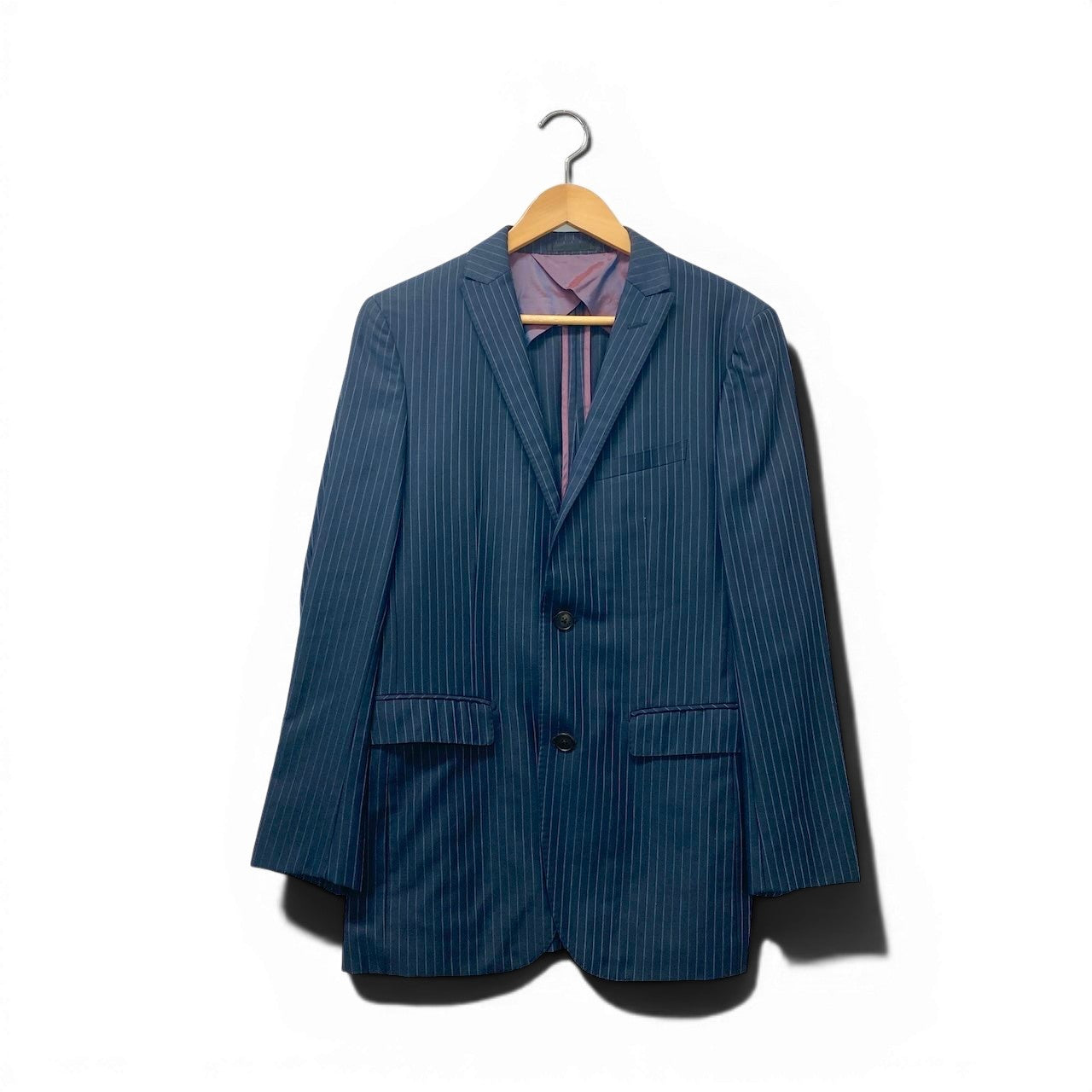 72e21 BURBERRY BLACK LABEL バーバリーブラックレーベル セットアップスーツ シングル 2B ストライプ柄 ウールシルク混 38R ネイビー メンズ 紳士服u02t