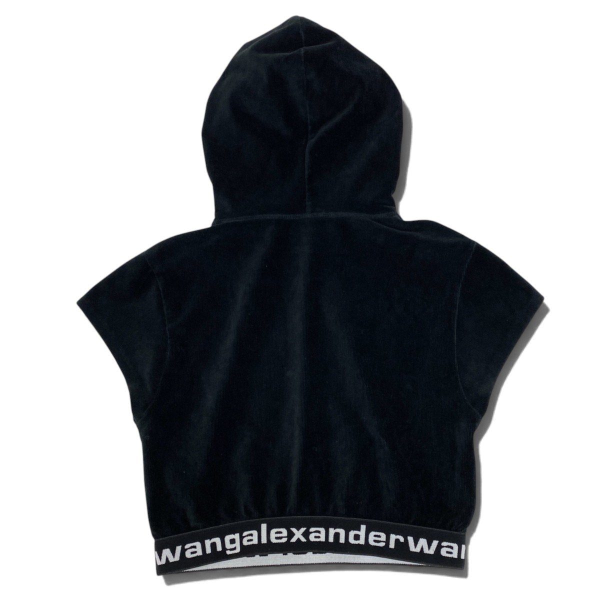 i25 alexanderwang.t クロップドフーディー パーカー 半袖 ベロア ロゴバンド Sサイズ ブラック レディース 女性用u02t
