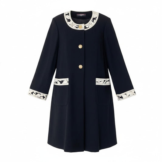 37e28 LEONARD FASHION レオナール ノーカラーコート ロングコート ロゴ金ボタン 花柄プリント 薄手 9R ブラック ウール シルク レディース 女性服o07t