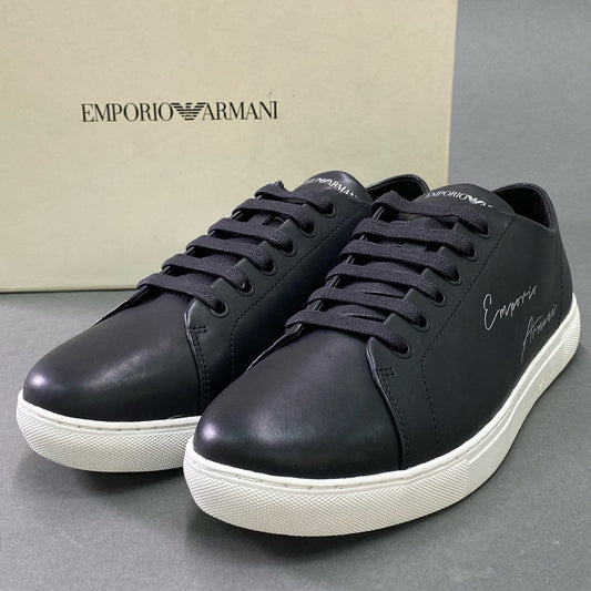 7e26 《未使用品》 EMPORIO ARMANI エンポリオアルマーニ レザースニーカー X4X261 27cm ブラック Leather シューズ 革靴 箱付き